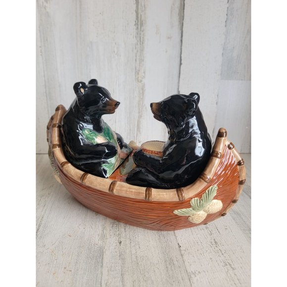 Ceramic black bears fishing couple canoe boat - Picture 5 of 12
